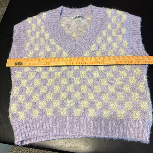 English Factory Sweater Vest Fuzzy Knit Academia Checkered Purple Yellow Women S - Picture 4 of 6